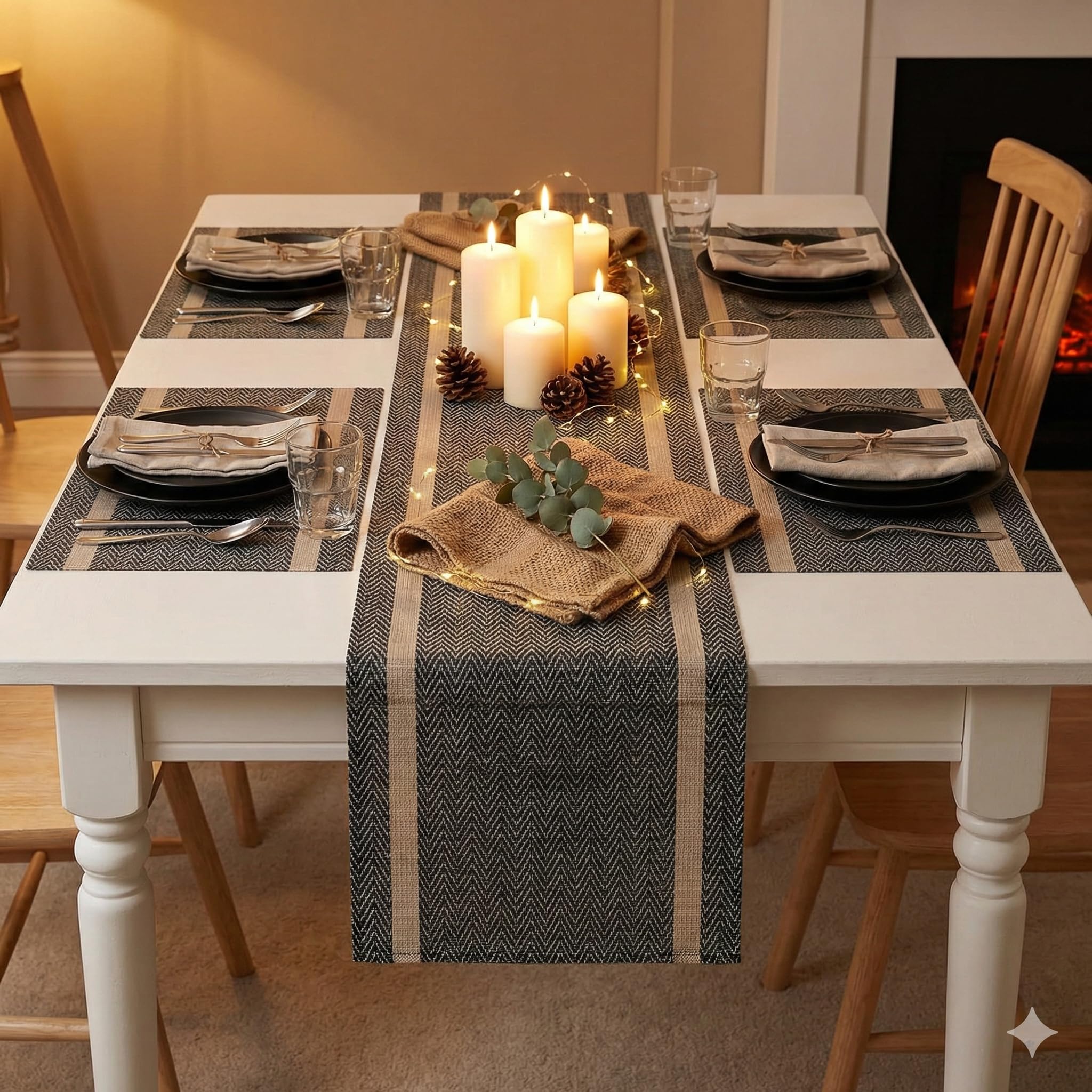 YELONA Dining Table Placemats and Runner Set - Heat Resistant, Washable, Stain Resistant Mats - Woven Vinyl Plastic - Easy to Clean-(45x30 cm 4 Placemats, 135x30 cm 1 Runner)-Ideal for Stylish Dining