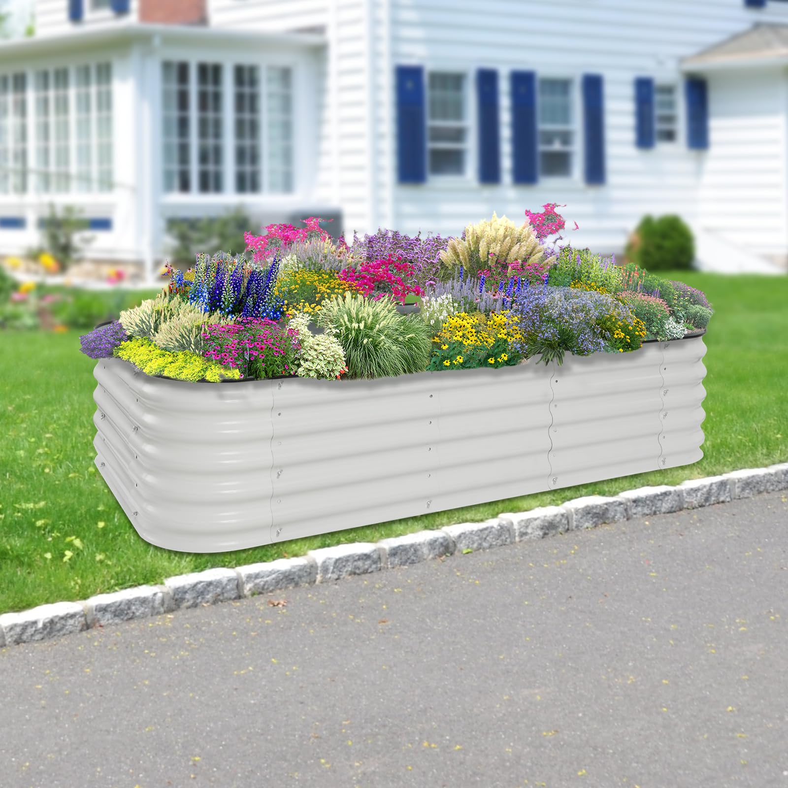 Jardinera elevada, bancal de jardín blanco, rectangular para balcón, terraza y jardín, duradero de acero galvanizado de aluminio, suelo abierto, gran volumen de plantación, con accesorios
