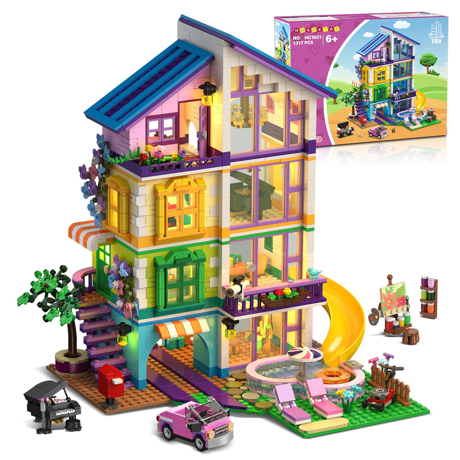 HOGOKIDS Friends Girls House Building Set with LED Light - Friend Villa Playset with Garden, Pretend Play House Building Toy with Accessories, Christmas Birthday Gift for Girls Boys Kids Ages 8-14+