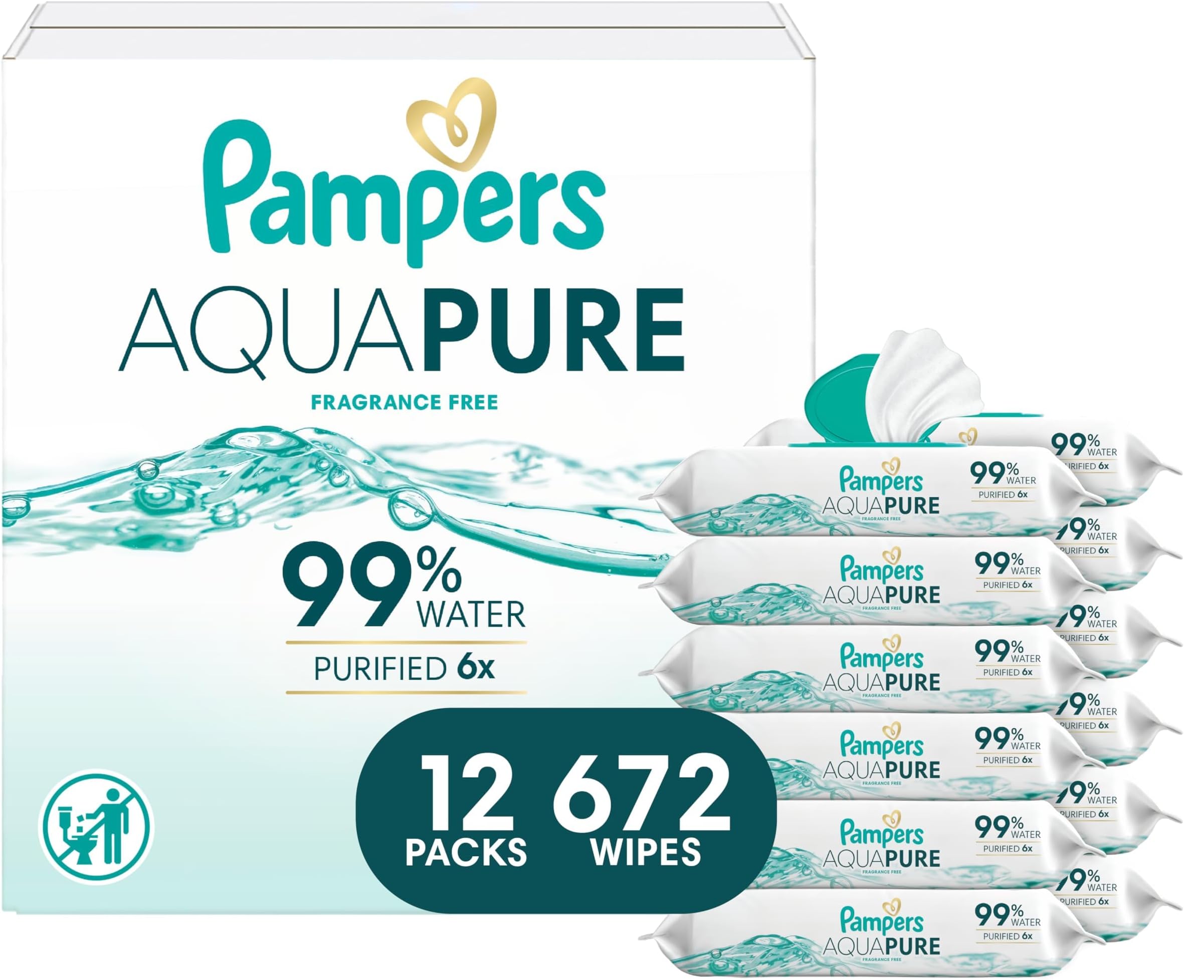 Pampers Aqua Pure Baby Wipes, 99% Water, Fragrance Free, 672 Baby Wipes Total (12X Flip-Top Packs) [Packaging May Vary]