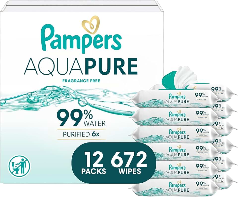 Pampers Aqua Pure Baby Wipes, 99% Water, Fragrance Free, 672 Baby Wipes Total (12X Flip-Top Packs) [Packaging May Vary]
