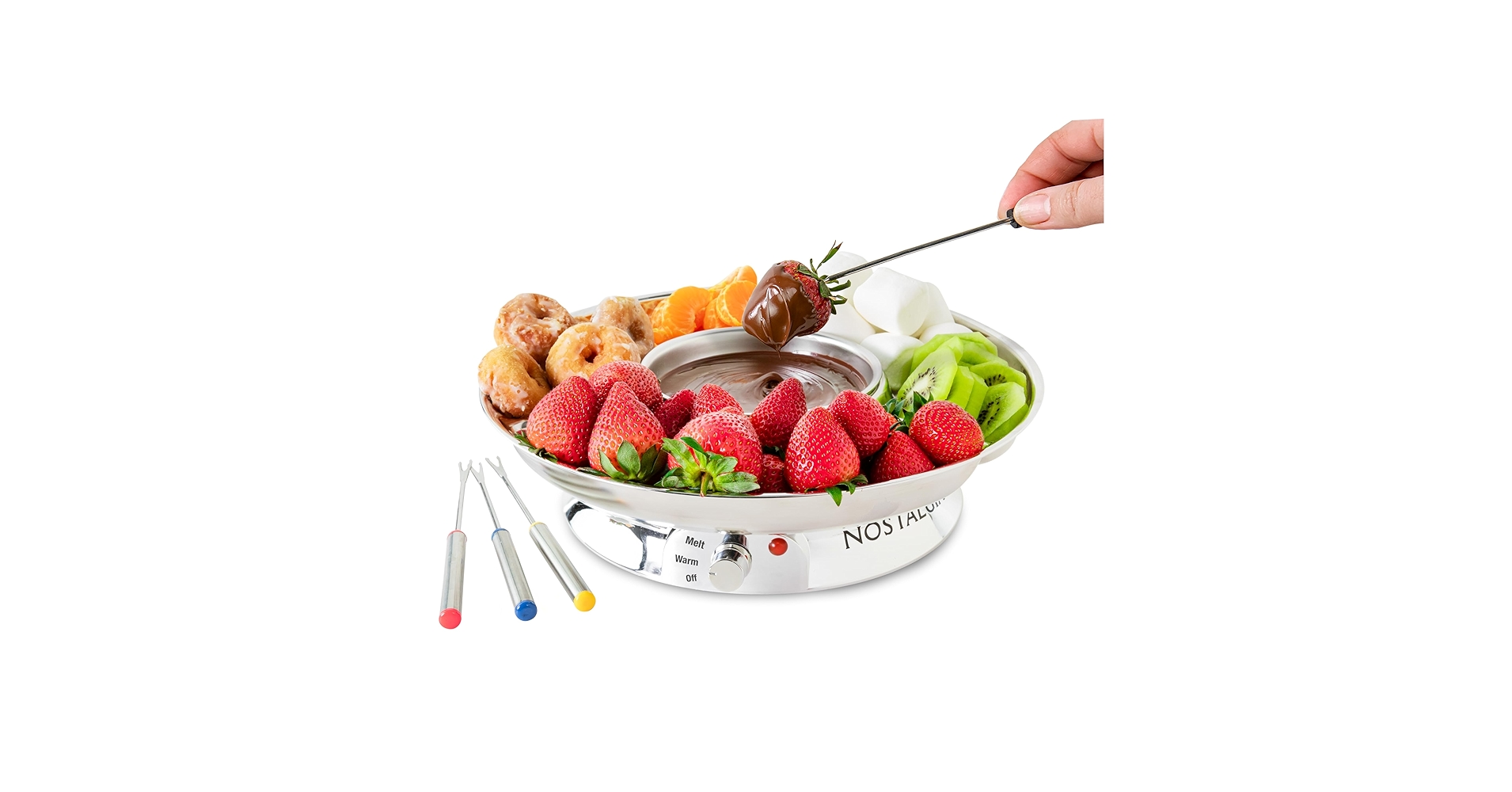Electric Fondue Pot Set - Chocolate Fondue Kit - Temperature Control, Detachable Serving Trays, & 4 Roasting Forks - Gift Set & Date Night Idea. Serve At Movie Night Or Game Night