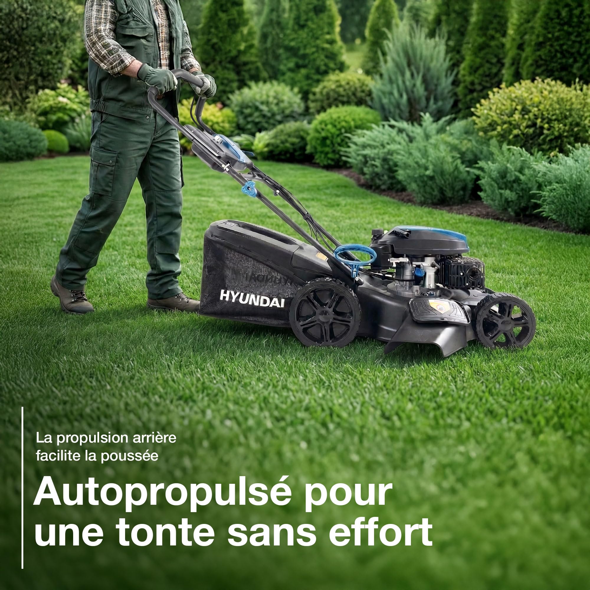 Hyundai Tondeuse à Gazon Thermique Autotractée 56 cm 196 cm3 5,5 CV Bac 70 L 4-en-1 HYM22200SPEX