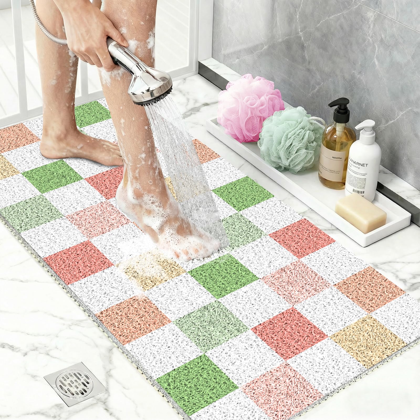 Extra Large Shower Mat 32"x24", Fast Drying Foot Scrubber Mats, Non Slip Bath Mat for Inside Shower, PVC Loofah Bathroom Mats for Wet Areas, Bathroom Floor, Poolside Entryway, Multicoloured Checkered — image 1