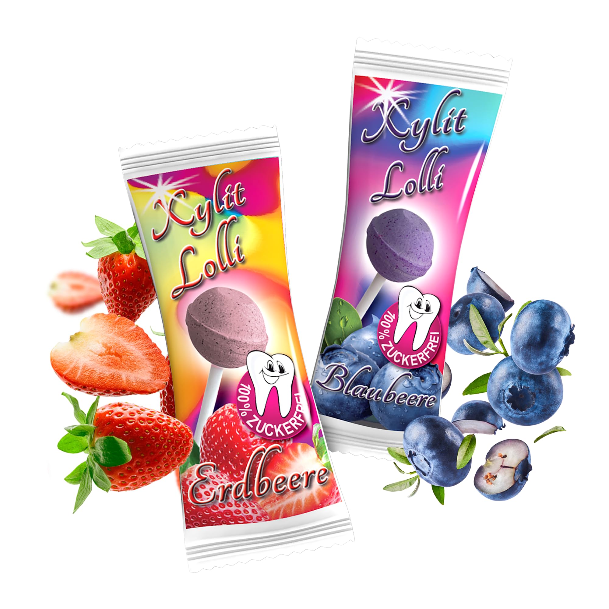 Xylit Lolli MIX Erdbeere & Blaubeere, 50 Stk x 6g - Keine Chance für Karies | Zahnfreundliche, kalorienreduzierte, zuckerfreie & vegane Lollipop mit Xylit, Erdbeere & Blaubeere für Groß & Klein