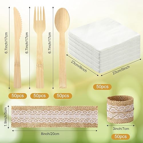 Miniatura 2 de Juego de 50 cubiertos de bambú con servilletas preenrolladas y servilleteros de encaje, utensilios de bambú que incluyen 50 tenedores, 50 cuchillos,
