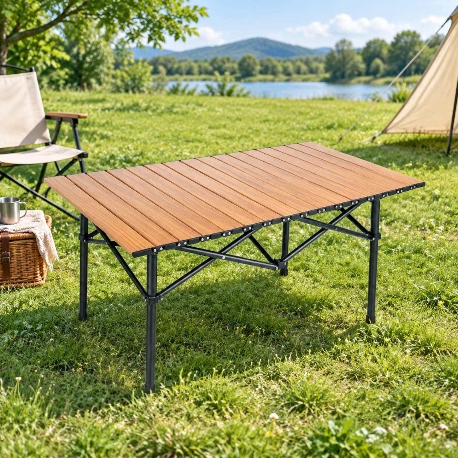 Tavolo da Campeggio Pieghevole tile Impermeabile Tavolo Pieghevole con in Metallo Rinforzato Resisn Inmperie per Giardino, 120cm+Con Cesto