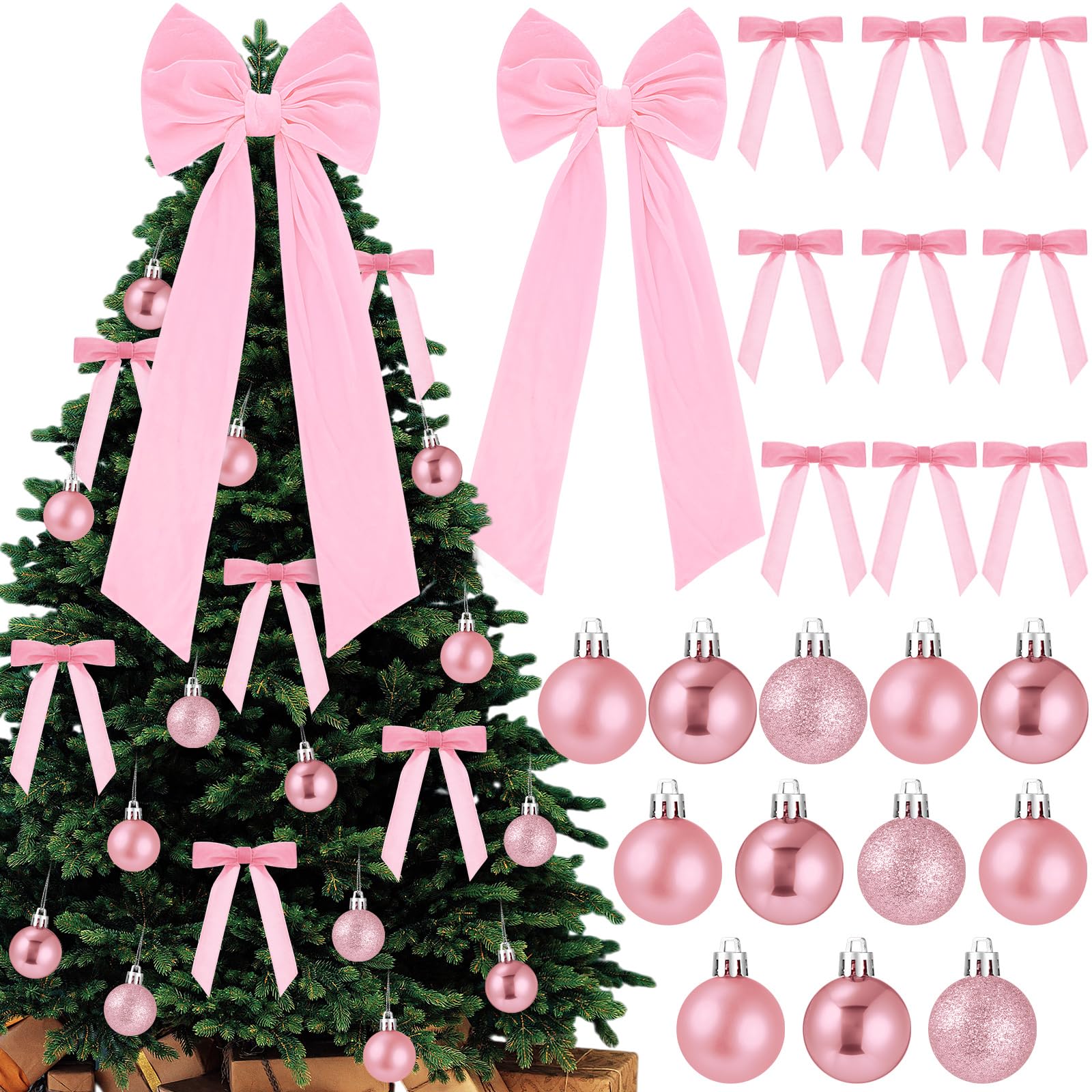 Photo 1 of Gejoy Velvet Bow Christmas Tree Decoration Set, 30 Pcs Small Bows 1 Pcs 47" x 15.7" Large Tree Topper Satin Bows and 36 Christmas Balls Ornaments, Xmas Glitter Balls for Holiday Decor(Pink Velvet)