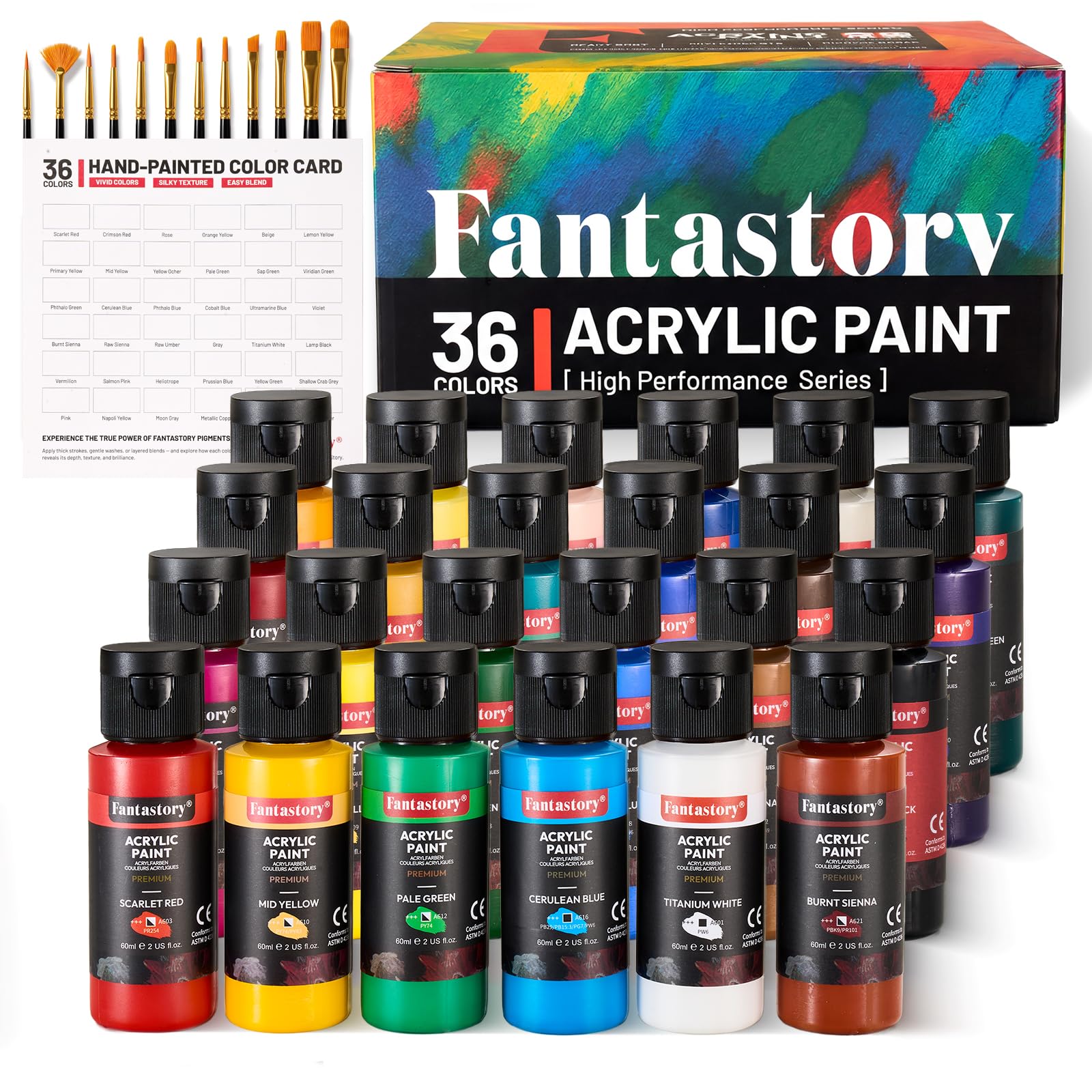 Fantastory Set de peintures acryliques avec 36x60ml et 12 pinceaux, peintures résistantes à l'eau, non décolorantes et non toxiques, adaptées pour la toile, le bois, la céramique