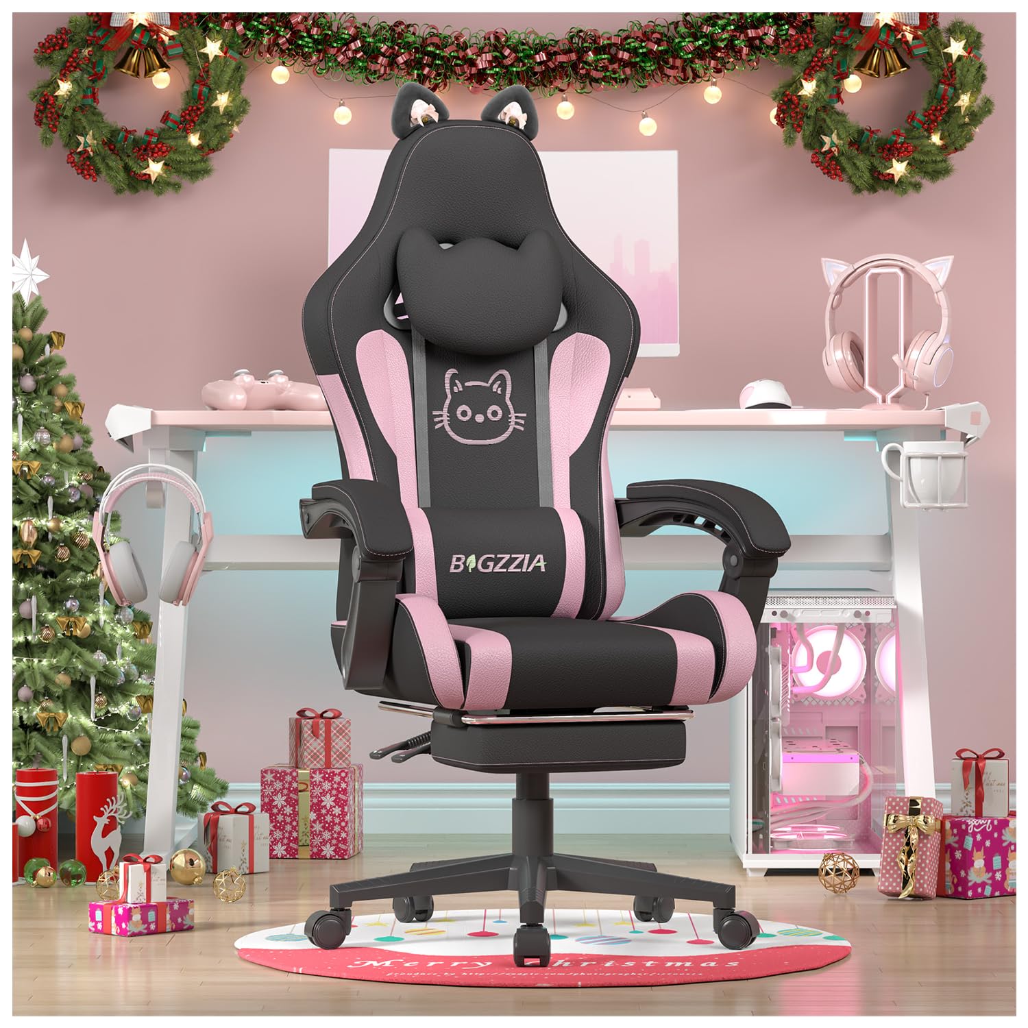 bigzzia Gaming Stuhl, Gaming Chair mit Massagefunktion, Schwarz-Rosa | Gaming Sessel mit Fußstütze, Ergonomischer PC-Stuhl für Mädchen, Gamer Stuhl mit Kopf- & Lendenwirbelstütze, mit Katzenohren
