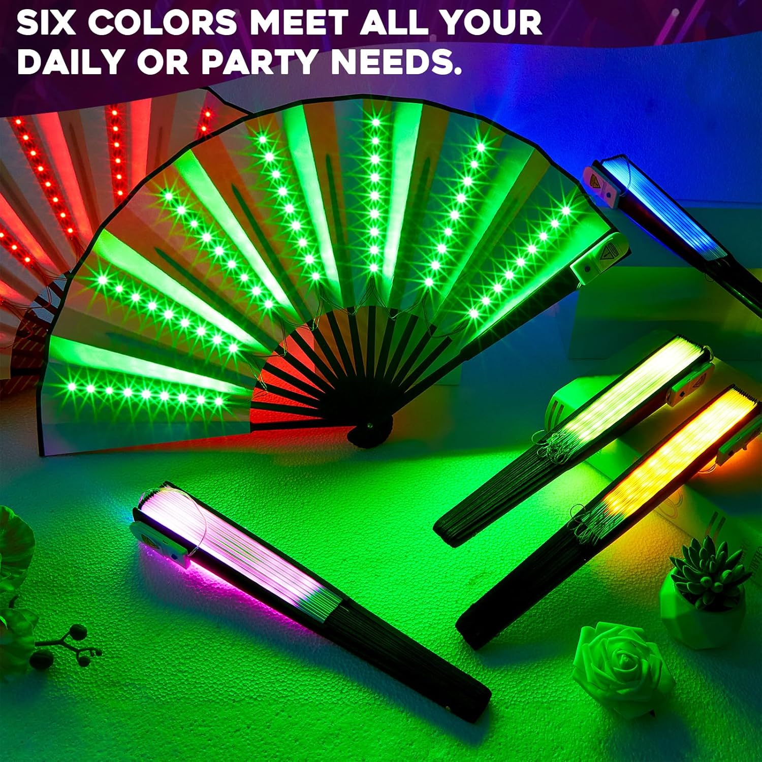 6 Pcs LED Glowing Folding Fans LED Light Up Hand Fan for Stage Performance Show Glowing 6 Colors Handheld Folding Fan for Birthday Party Gift Wedding Home Decor Night Club Fluorescent Props
