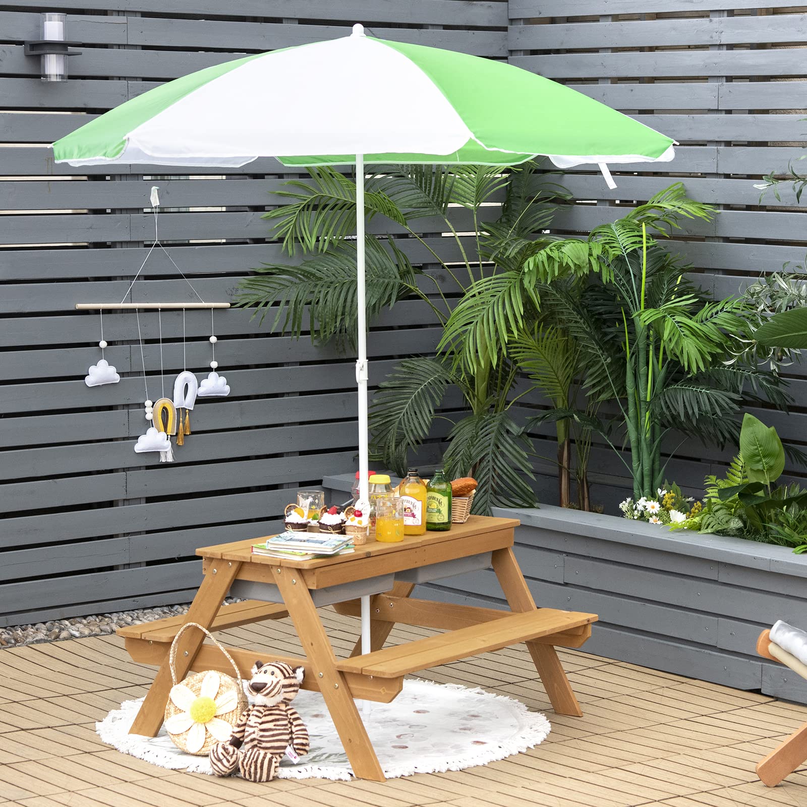 COSTWAY 3 in 1 Kinder Picknicktisch, Gartentisch mit Sonnenschirm & Bänke, Kindersitzgruppe Outdoor aus Holz mit Abnehmbarer Tischplatte & 2 Spielboxen für Garten, Hinterhof, Terrasse (Weiß+Grün)