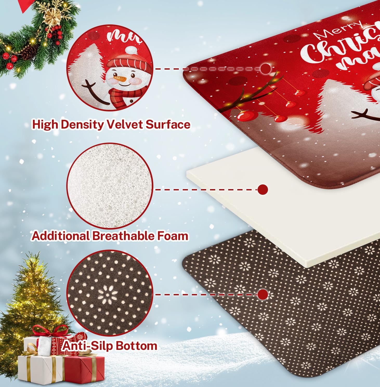 ArtSocket Lot de 3 tapis de salle de bain de Noël antidérapants en mousse à mémoire de forme, en microfibre absorbant - Motif bonhomme de neige - Lavable en machine