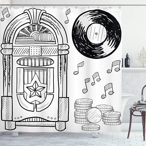 Ambesonne Jukebox - Cortina de ducha, estilo garabato, caja de música retro, monedas, juego de decoración de baño de tela con ganchos, 69 pulgadas