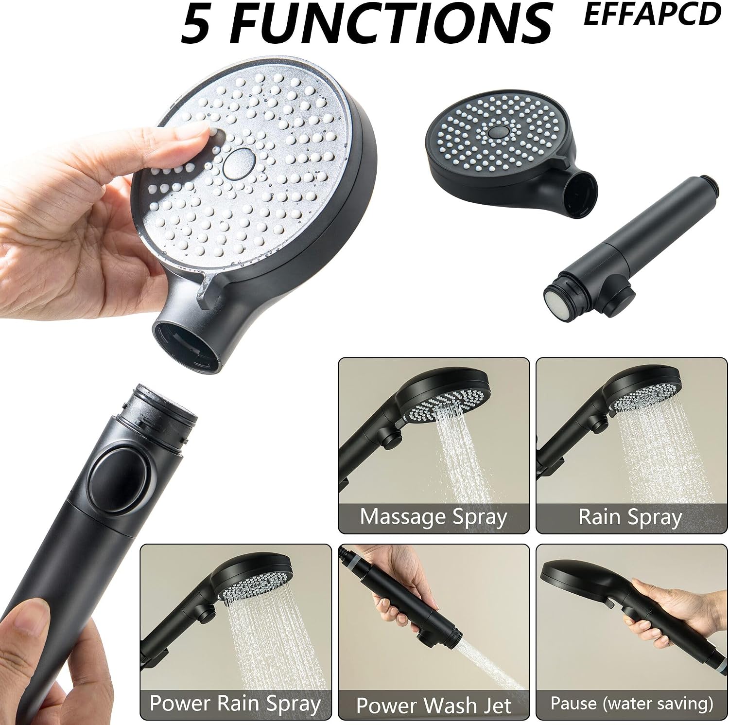 High Pressure Handheld Shower Head with Hose，Matte Black Showerhead with Handheld 2-IN-1 Dual Rain Shower Head with 5 Mode Handheld Spray