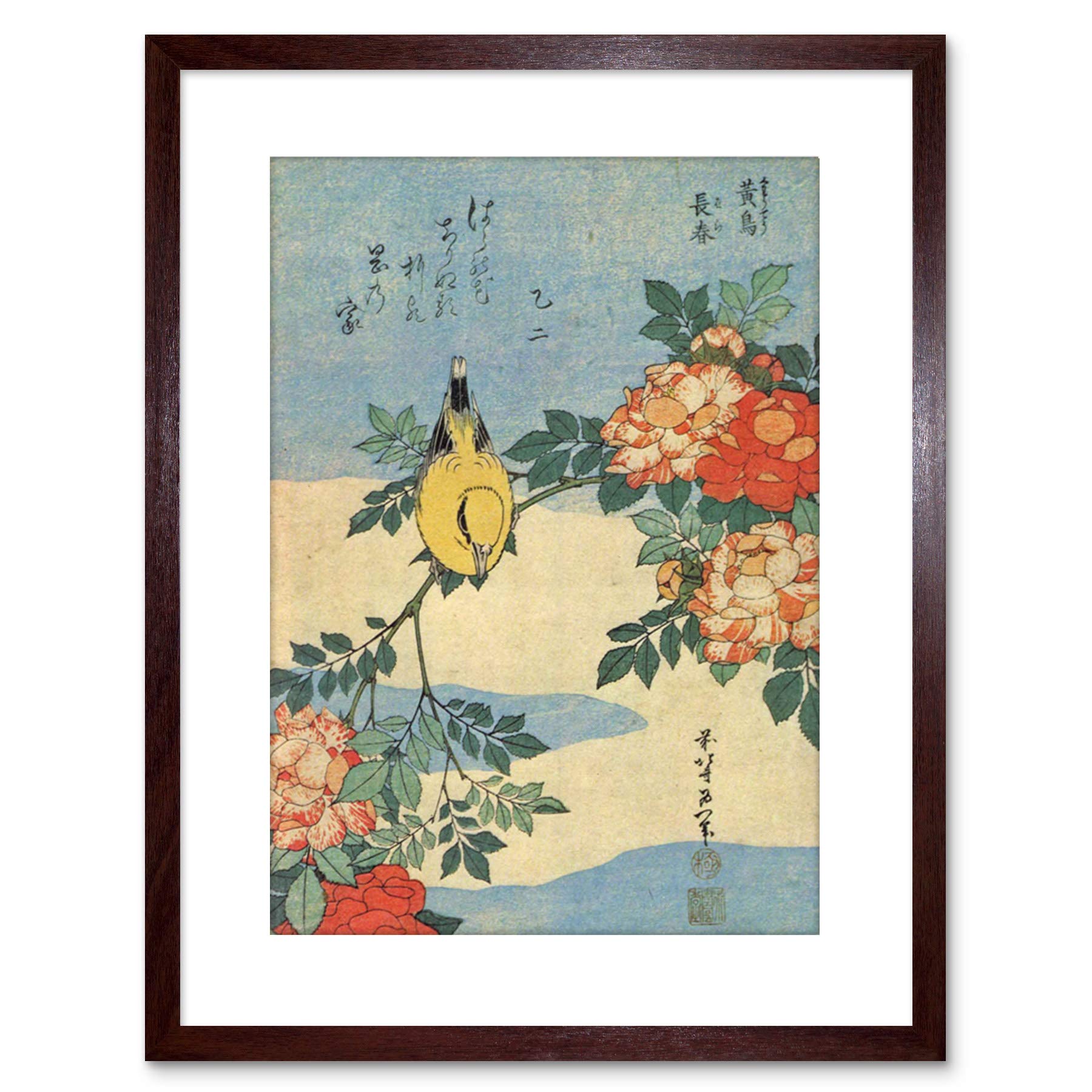 Wee Blue Coo Painting Japanese Bird Flowers Floral Framed Wall Art Print