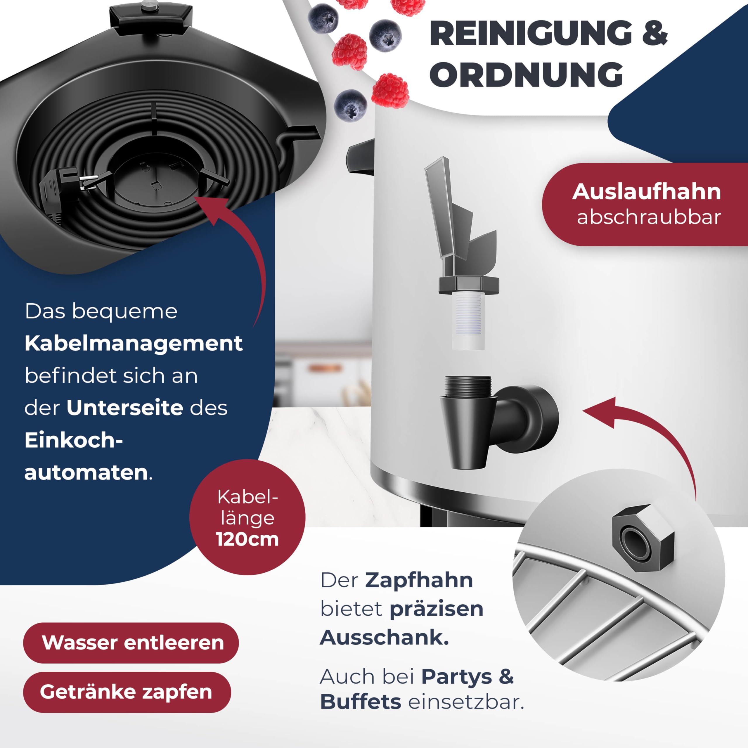 KESSER Einkochautomat 27 Liter, Edelstahl| 1800 Watt | Temperatur von 30-100°C | Dauerbetrieb | Abschaltautomatik Einkochvollautomat Heißgetränkeautomat Glühweintopf mit Zange & 2 Gläsern, weiß