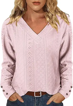 KISSMODA Long Sleeve Fall Shirts For Women V Neck Tunic Tops Embroidered Button Down Knitted Blouses 2025