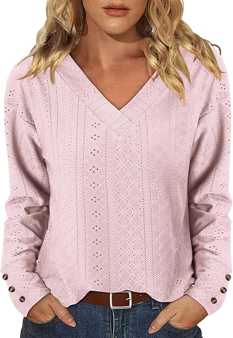 KISSMODA Long Sleeve Fall Shirts For Women V Neck Tunic Tops Embroidered Button Down Knitted Blouses 2025