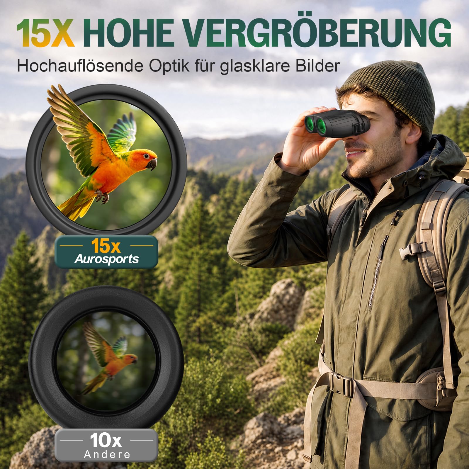 Aurosports Fernglas 15x25 Kompakt Fernglas für Kinder Erwachsene Ferngläser | Klein, Hochauflösend, Einfacher Fokus, Vogelbeobachtung, Reisen Jagd, Konzerte, Camping, Theater, Sportüberwachung, Schwarz