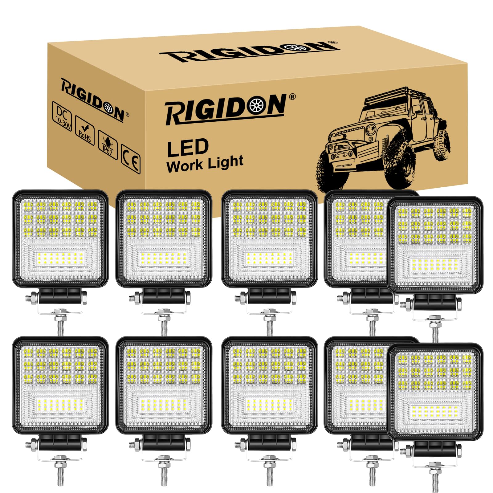 RIGIDON 10 Pcs Faro de trabajo rectangular, 4 pulgadas 126W, Spot Flood Combo lámpara trabajo led para off road camión coche ATV SUV 4x4 Tractor, Faros trabajo led 12v 24v Spotlights faros antiniebla