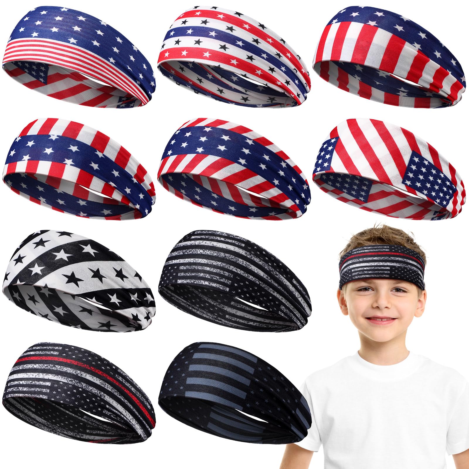 Sratte 10 Pcs Headbands Kids Soccer Headbands Boys Sports Baseball American Flag Hair Band Breathable Sweat Headband for Youth USA Running Sweatbands for Veterans Day
