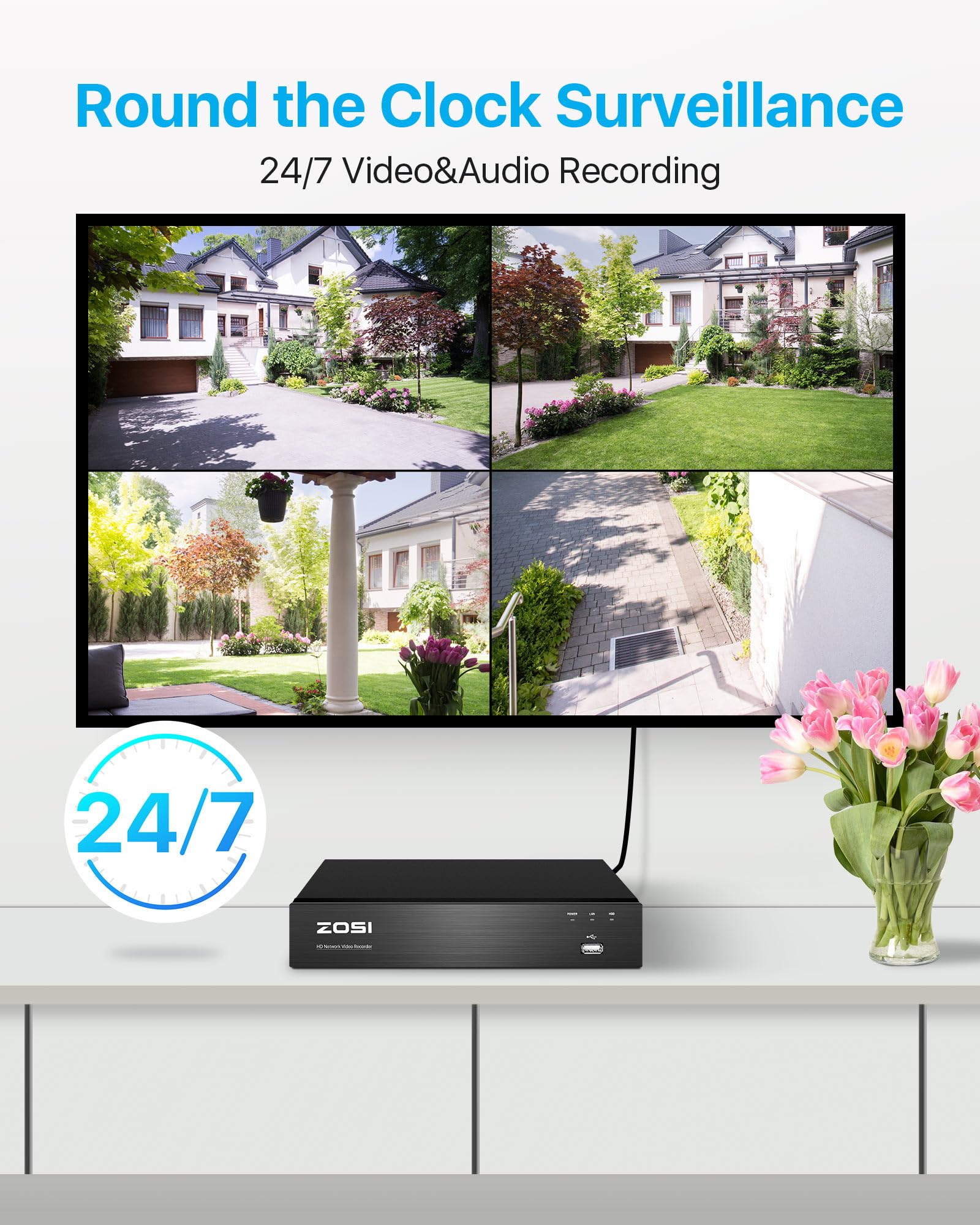 ZOSI 4K 8CH Kit de Cámara de Seguridad PoE, 4pcs 8MP Cámara de Vigilancia IP, H.265+ NVR Con 2TB HDD, Visión Nocturna, Detección de Personas