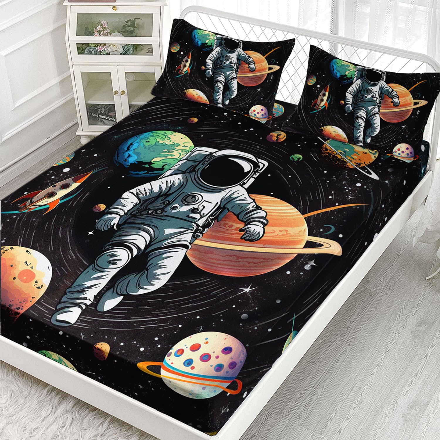 Astronaut Bed Sheet Set - Twin XL Fitted Sheet & 2 Pillowcases, Space Theme Kids Room Decor - View #10