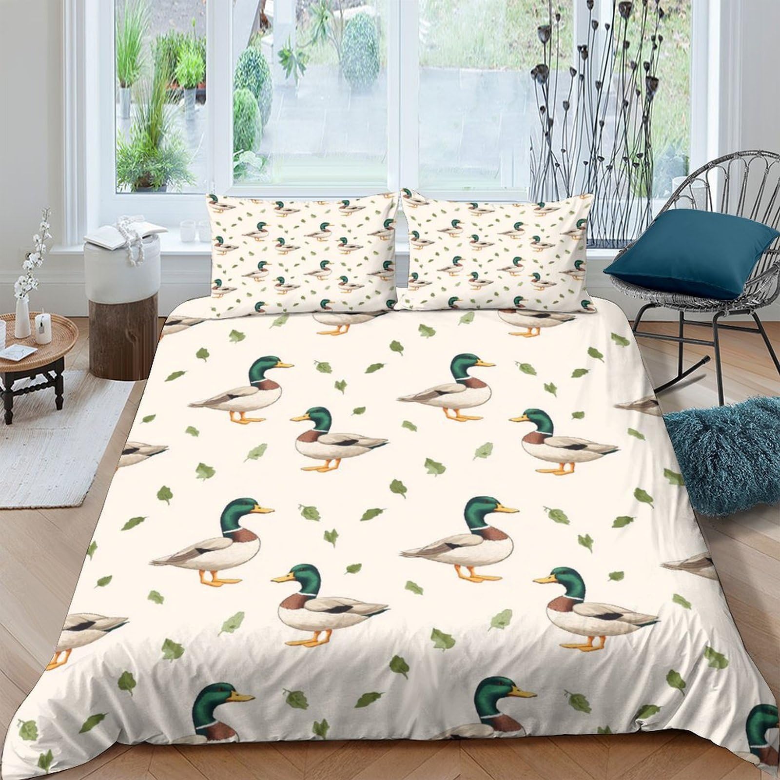 Ctjqhvkz Style-5 3D Printed Mallard Duck Fitted Sheet Microfiber Soft Anti-Slip Leaf Pattern Mattress Cover Bedroom Decor Single（135X200cm）