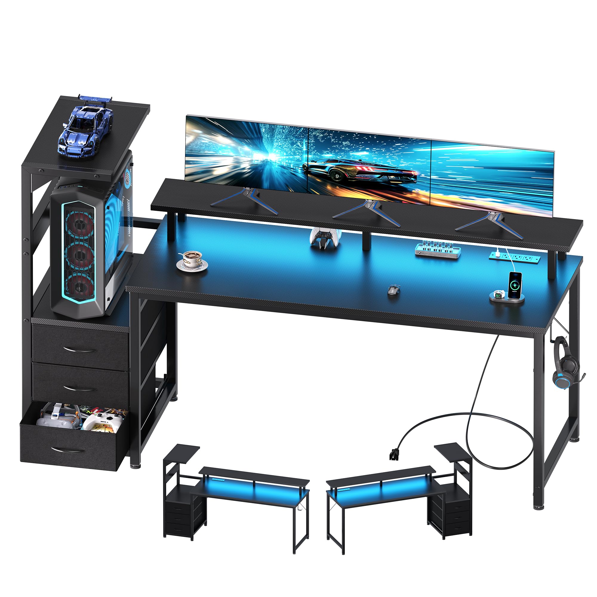 DUMOS L Shaped Gaming Desk with Shelves Storage Drawers 58'', Black Computer Desks with LED Lights Power Outlets, Office Wood Table with PC Stand