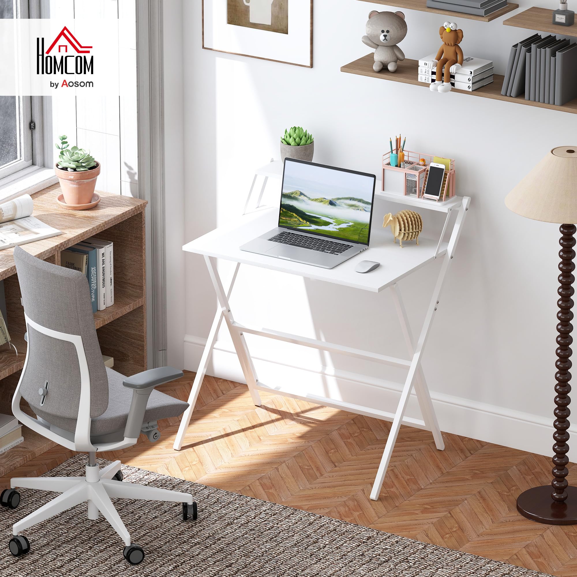 HOMCOM Scrivania Salvaspazio Pieghevole 81.5x62x86.5 cm Bianco | Con Ripiano per Monitor, Tavolo per Computer Piccola, Richiudibile, da Ufficio e Studio, in Acciaio