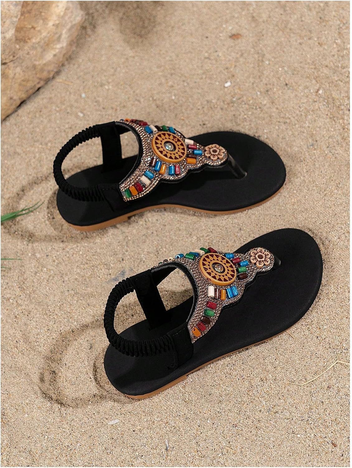 GORGLITTER Girl's Sandals Summer Beach Vacation Cute Dress Shoes Bead Open Toe T Strap Flat Sandals Slip on Slides