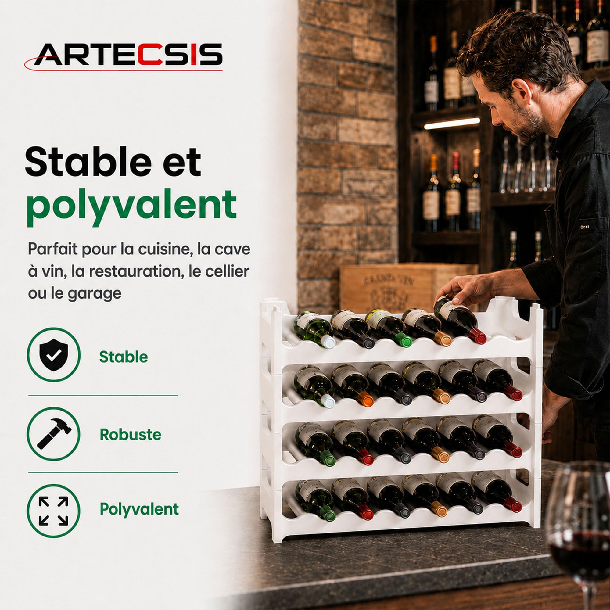 ARTECSIS Casier à Bouteilles, Étagère à Vin pour 24 Bouteilles, Range Bouteille Plastique Blanc, Hauteur de 54 cm