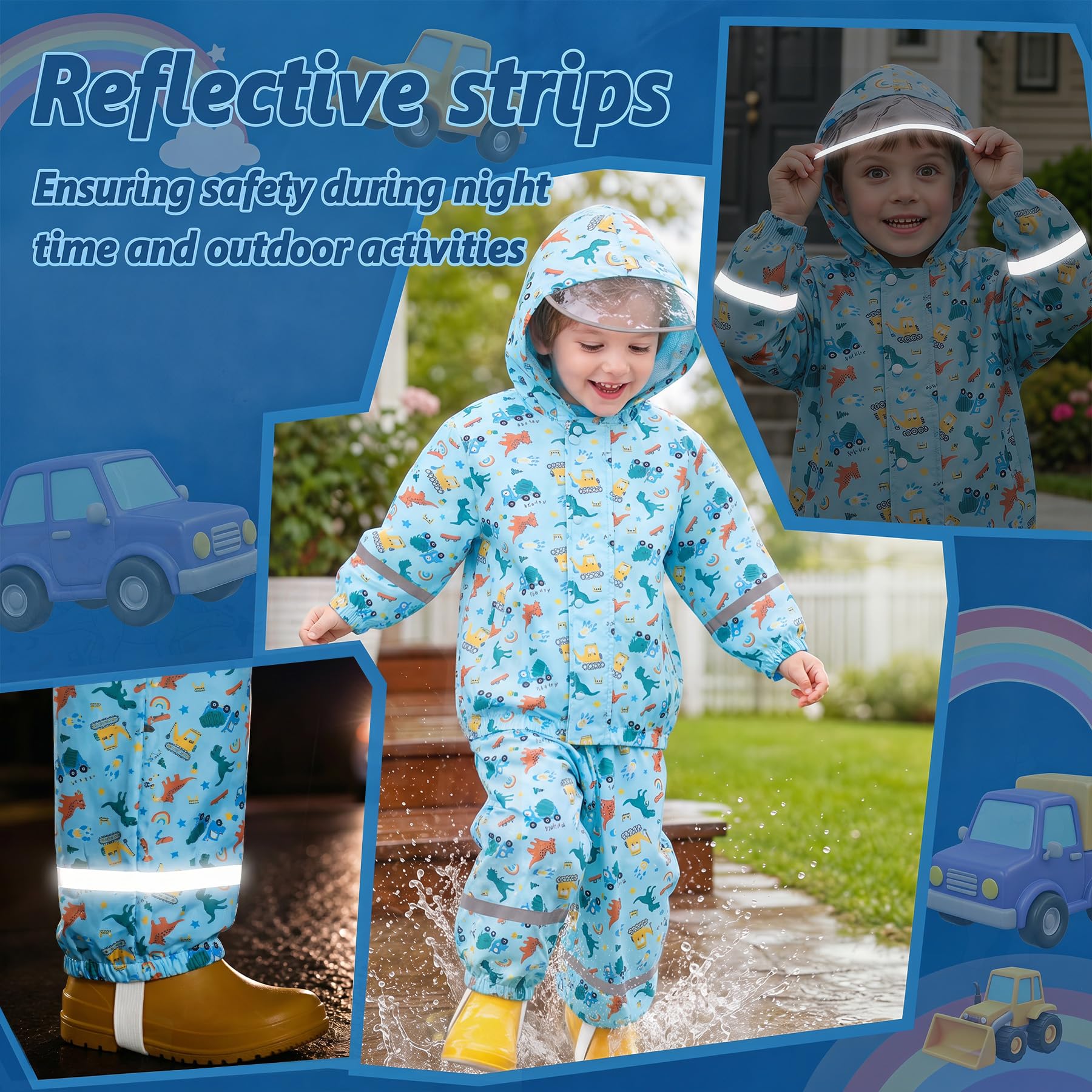 Chubasquero Niño Niña Ligero Conjunto Impermeable con Capucha y Reflectante Estampado Chaqueta Lluvia & Pantalones Traje de Lluvia Abrigos, Exteriores Ropa para Infantiles 1-7 años