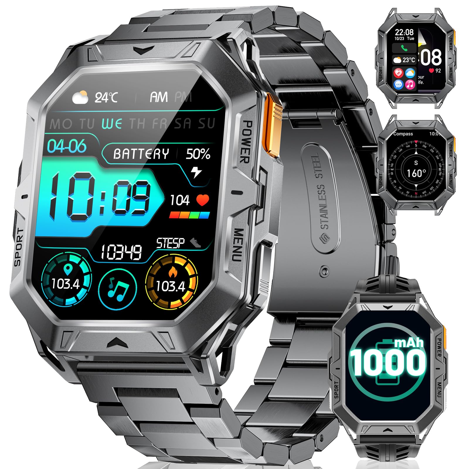 Smartwatch Uomo Militare 1000mAh 50 Giorni Batteria 2.13" AMOLED Schermo Chiamata Impermeabile 10ATM Contapassi/Bussola/Frequenza Cardiaca/Podometro Android iOS Sportive Orologio Smartwatch Uomo