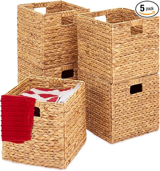 Best Choice Products 12x12in Hyacinth Baskets, Rustic Set Of 5 Multipurpose Collapsible Storage Organizer, Handwoven Laundry Totes for Bedroom, Living Room, Shelves w/Inserts - Natural