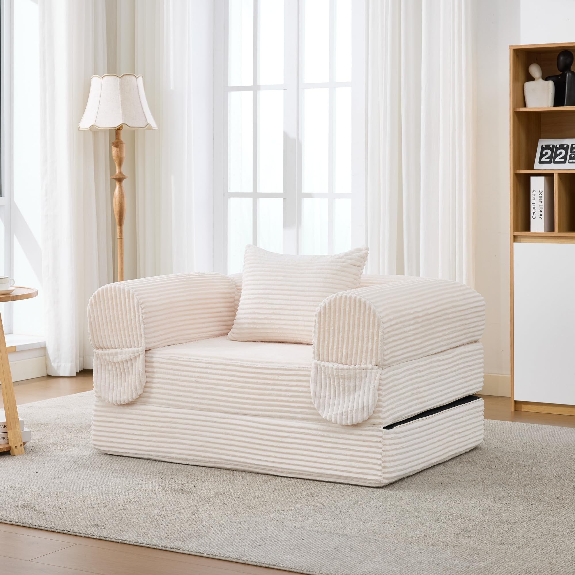 Canapé Convertible 1 Place en Velours Côtelé, Fauteuil Convertible en Lit D'appoint, Canapé Lit Modulable avec Coussin et Poches Latérales, Mousse Haute Densité, Petit Espace Beige-1