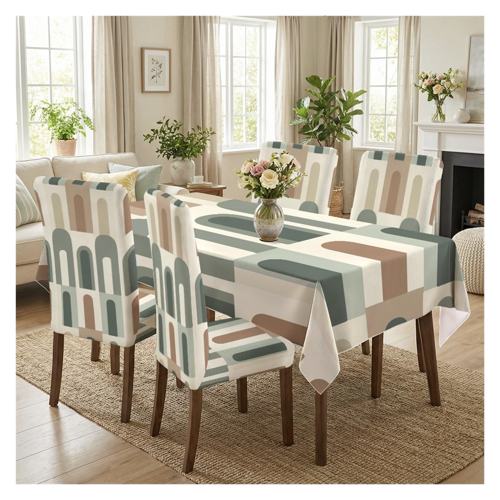 KXUAUV Mid-Century Arch Geometric Dining Tablecloth Set, 5/7 Piece Neutral Retro Table Cover & Chair Slipcovers For Modern, Minimalist & Warm Boho Home Party Decor(5pcs Set: Tablecloth+Chair Covers)