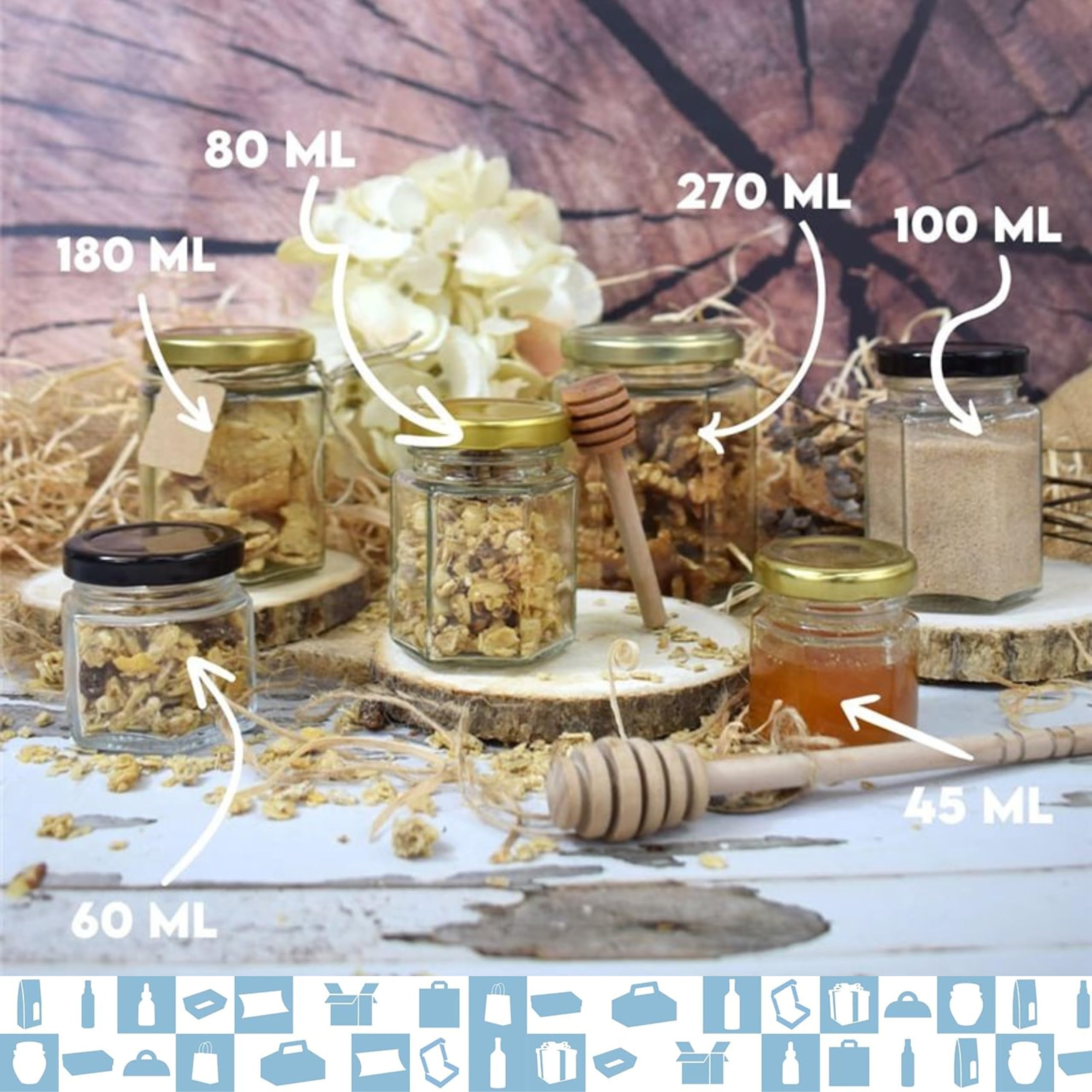 Espirito Rebelde 20x Petit Pot de Miel Hexagonal avec Couvercle 80ml - Idéal pour la Conservation de Miel, Confiture, Épices, Yaourt