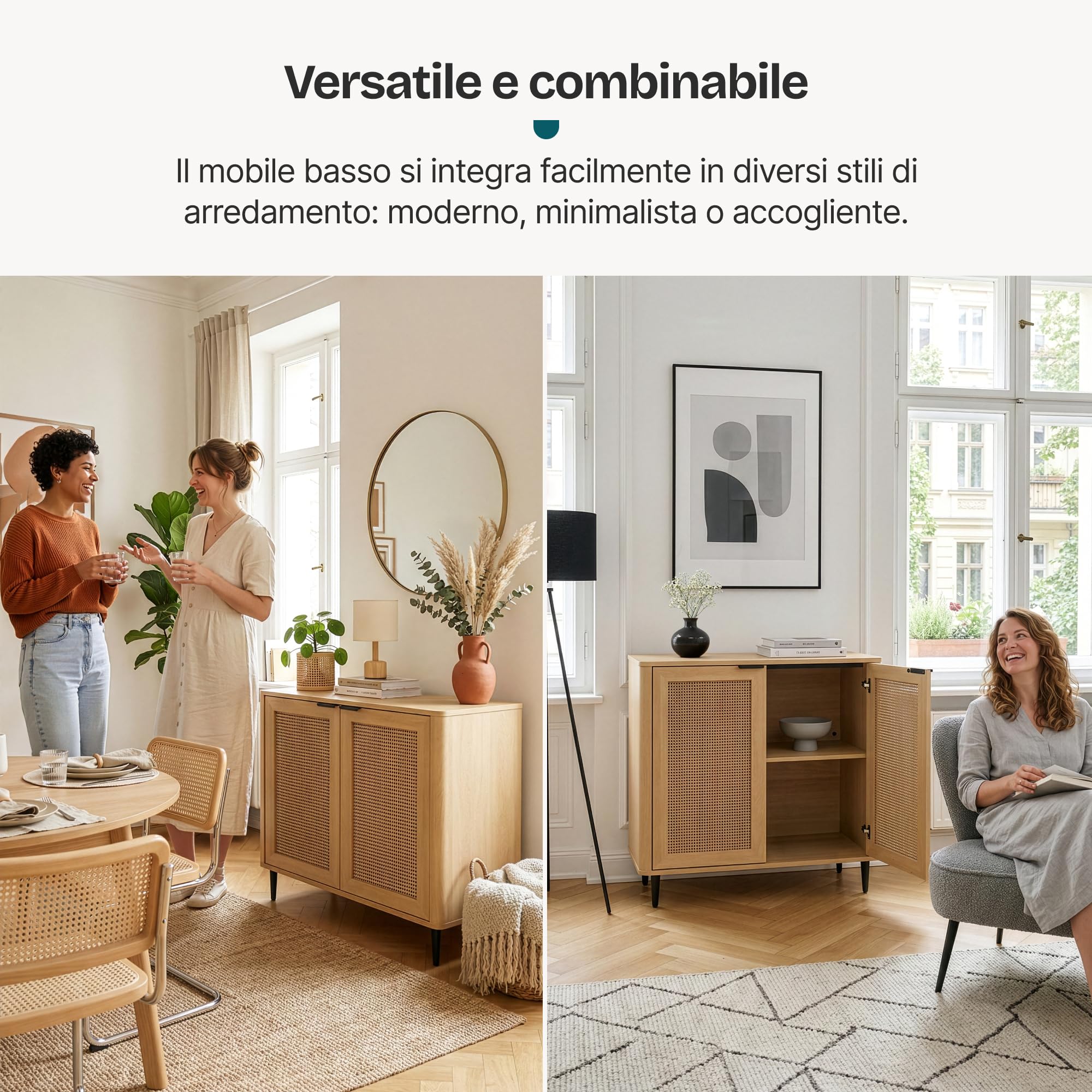 [en.casa] Credenza Bassa Ante con Inserto Intreccio Effetto Rattan Armadio Basso Madia Moderna per Soggiorno Ingresso Sala da Pranzo 83 x 80 x 40 cm Effetto Rovere