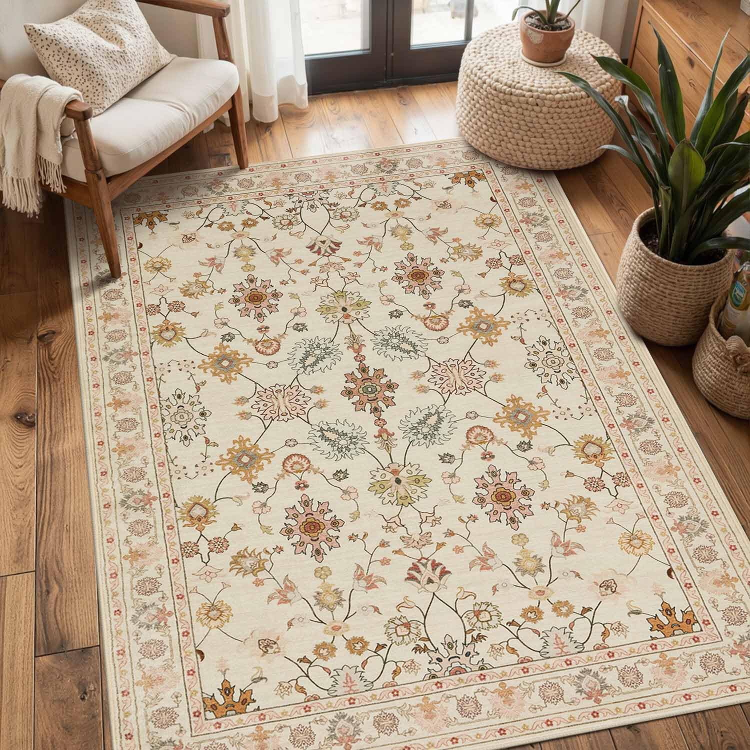 Rugxara Floral Rug for Living Room Bedroom, 3x5 Washable Area Rug, Vintage Boho Throw Rugs, Non Slip & Low Pile Carpet for Indoor Dining Room, Girls