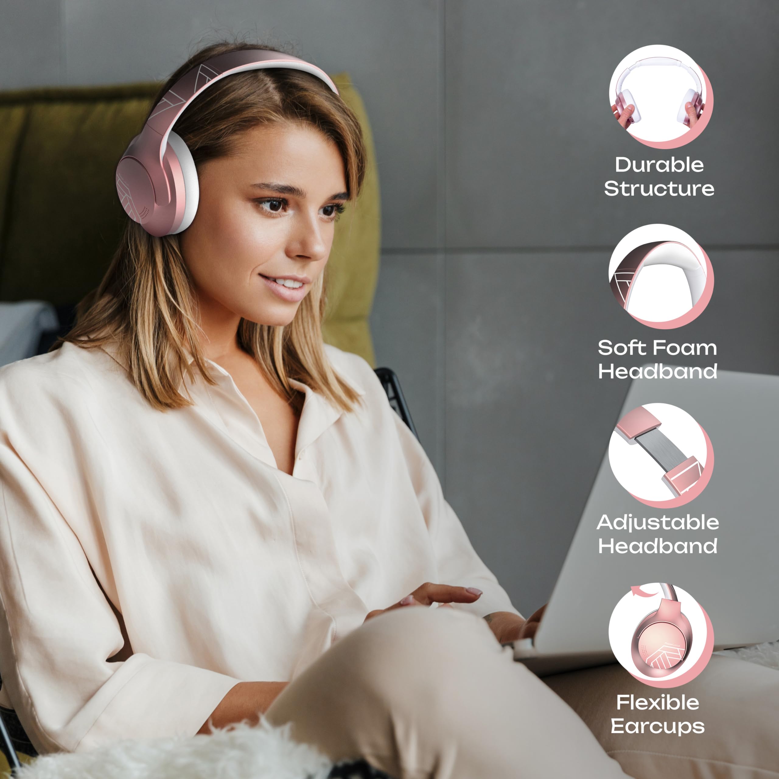 PowerLocus Cuffie Wireless Bluetooth, 50 ore di riproduzione, Cuffie Over Ear con 4 EQ Modalità di Suono, HiFi Suono, Cuffie Senza Fili con Microfono per Viaggio/Telefono/PC/Ufficio (Rose Gold)