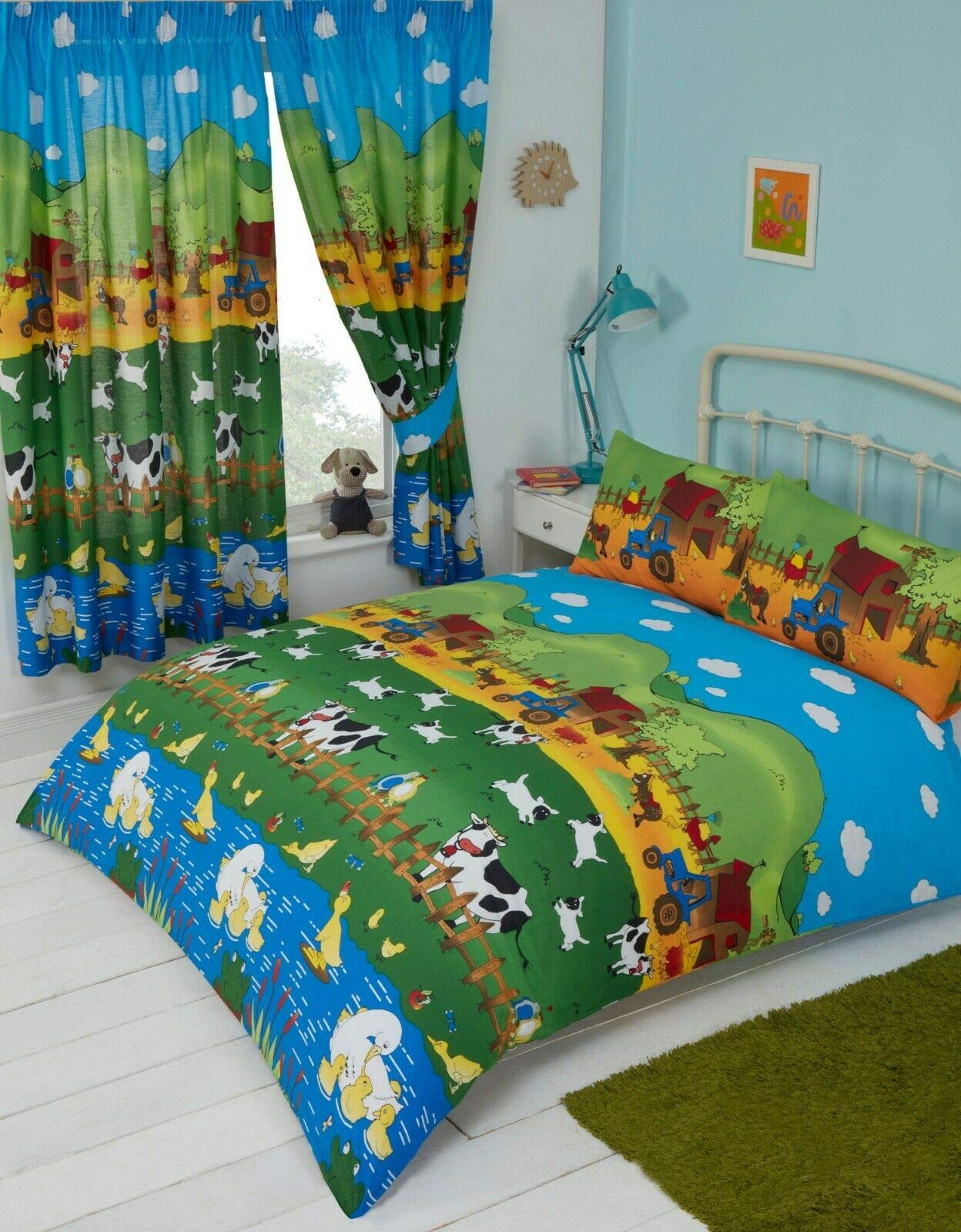 Kidz Kollection King Size Farmyard Friends Duvet Cover Set, Farm Animals Cows Sheep Duck Ducklings Swan Chicks Chickens Tractor