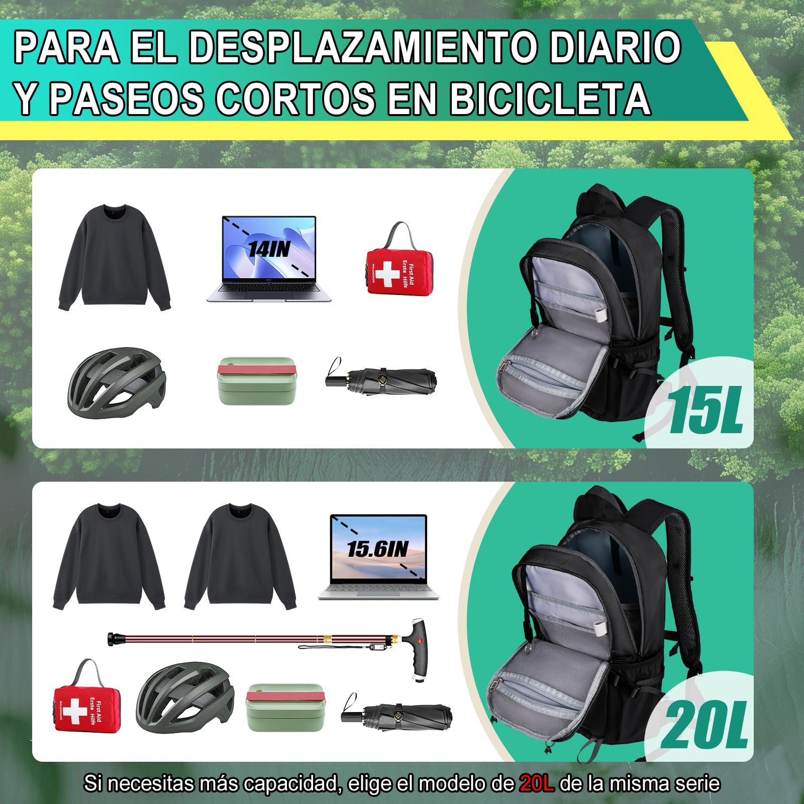 Mochila de Ciclismo 15L / 20L con Funda Impermeable, Mochila Hidratación Mtb para Hombre y Mujer, Mochila Senderismo Pequeña y Antirrobo para Moto, Esquí, Bicicleta, Montaña y Running