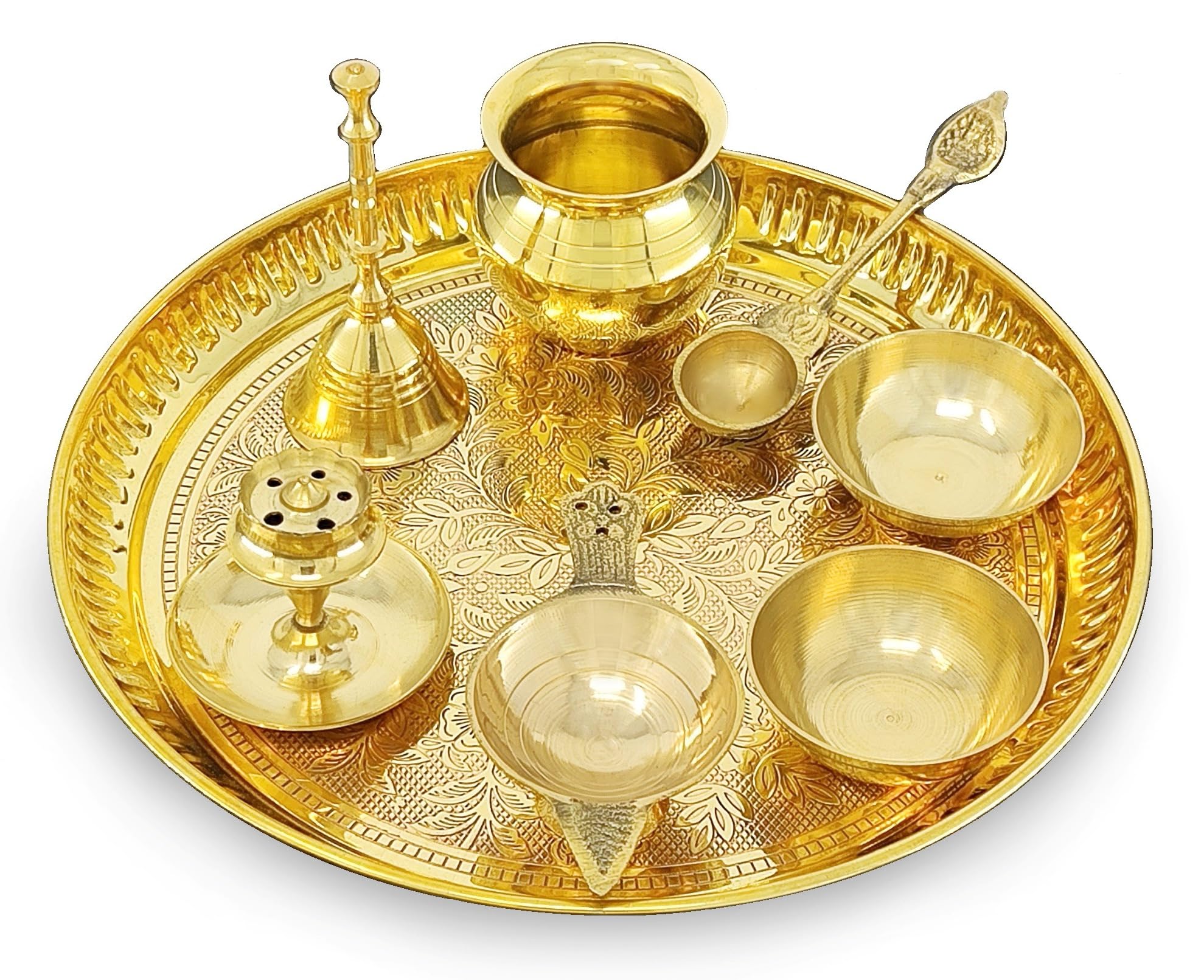 BENGALEN Set Puja Thali in ottone da 20,3 cm Pooja Thali con piatto design Pital Kalash Chandan Wati Dhup Dan Diya Ghanti Palli Arti Thali per Diwali Home Office Mandir Articoli regalo di ritorno di