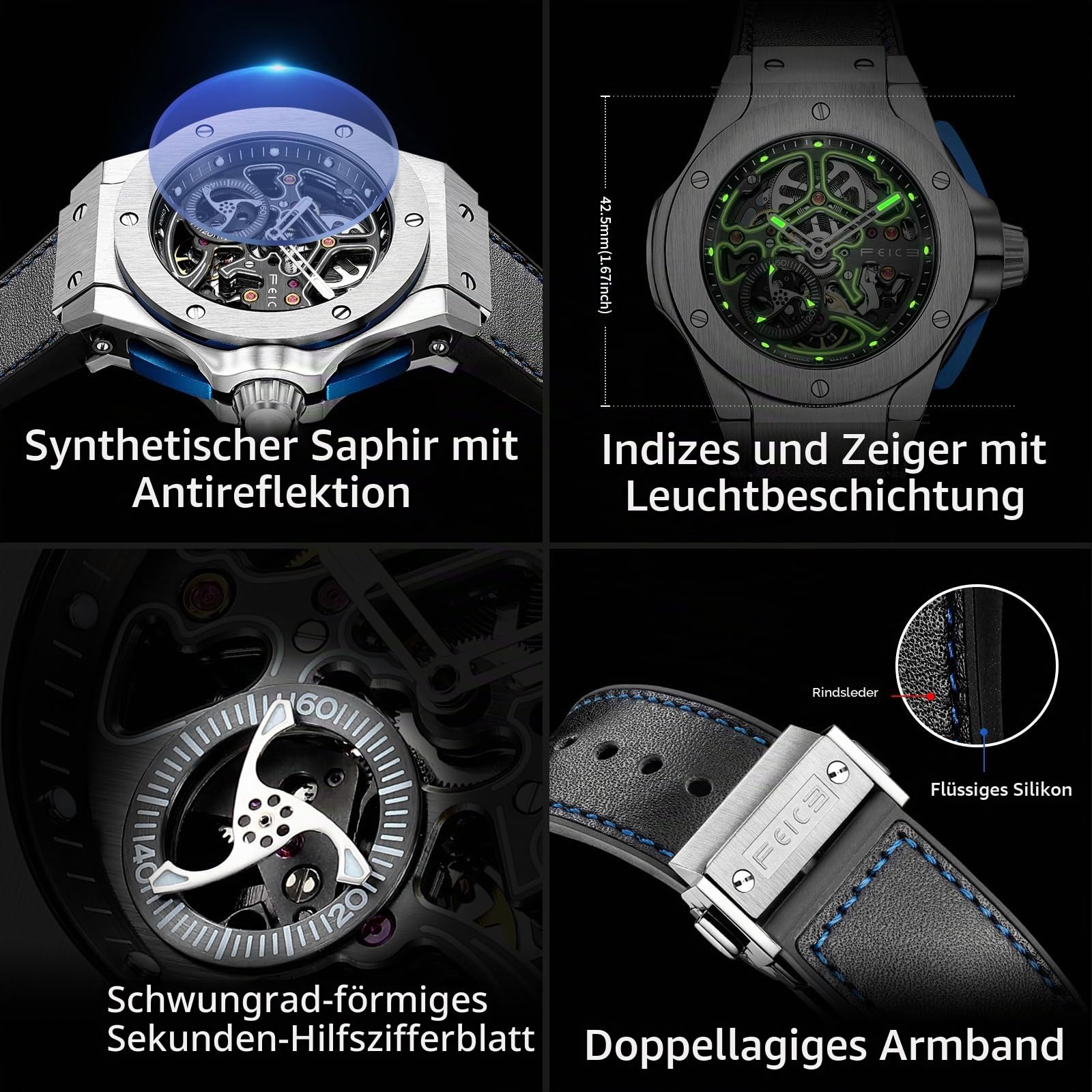 FEICE FM701 Skeleton Automatik Uhr Herren Analog mit Saphirglas Ø42,5mm | Automatikwerk, Armbanduhr für Männer, Schwarzes Silikonarmband