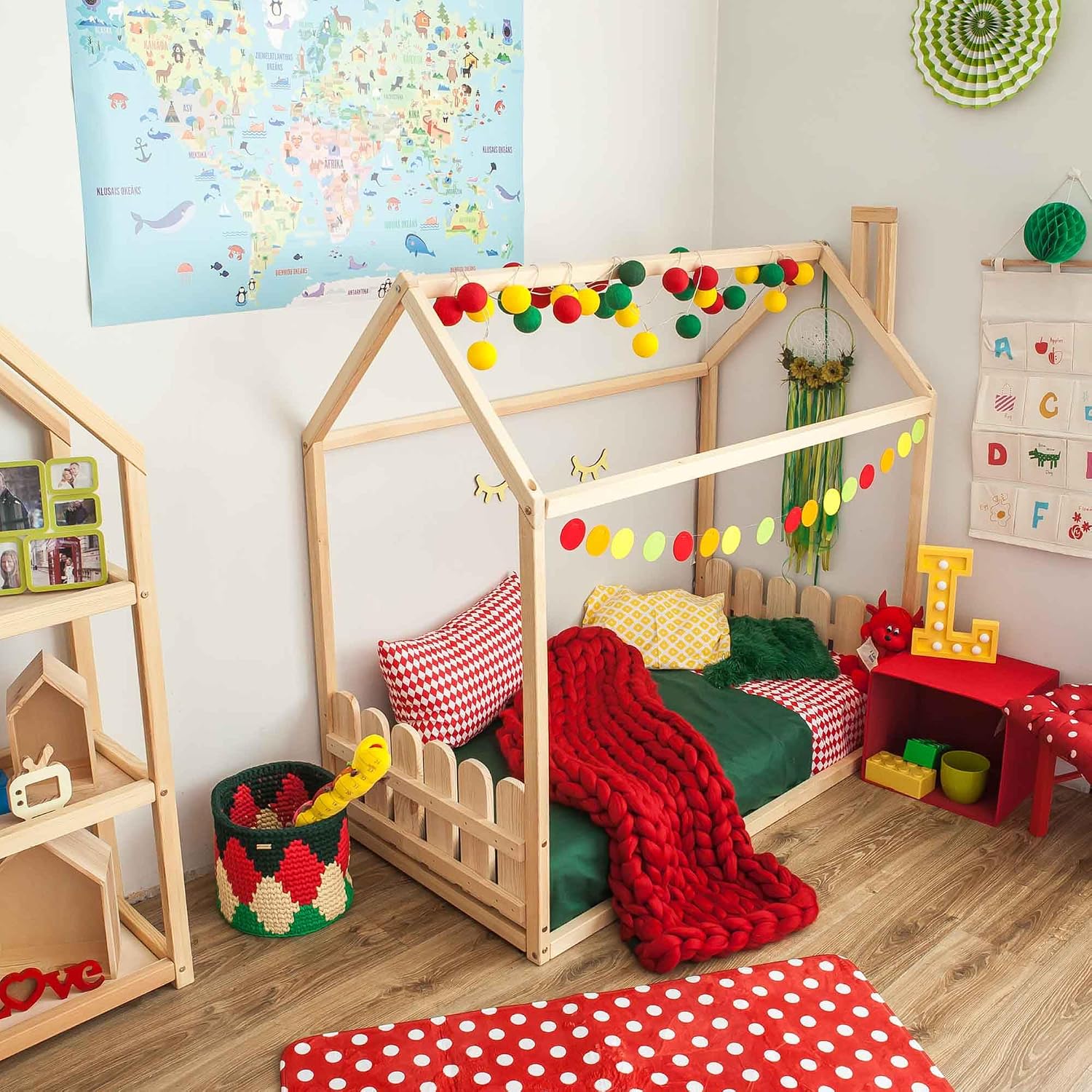 Montessori house bed with rails, Montessori toddler house bed frame, Toddler floor level bed with rails