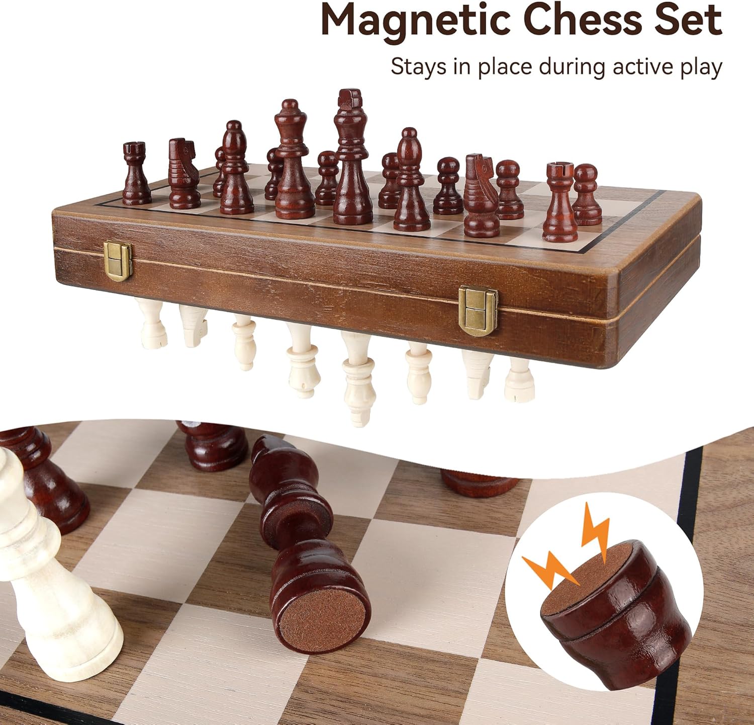 Hvygss 15 Inch Magnetic Chess Board, Foldable Wooden Chess Set with Checkers, Handcrafted Pieces with 2 Extra Queens, Portable Travel Board Game for Kids 6+ (Walnut Style, 15 Inch)