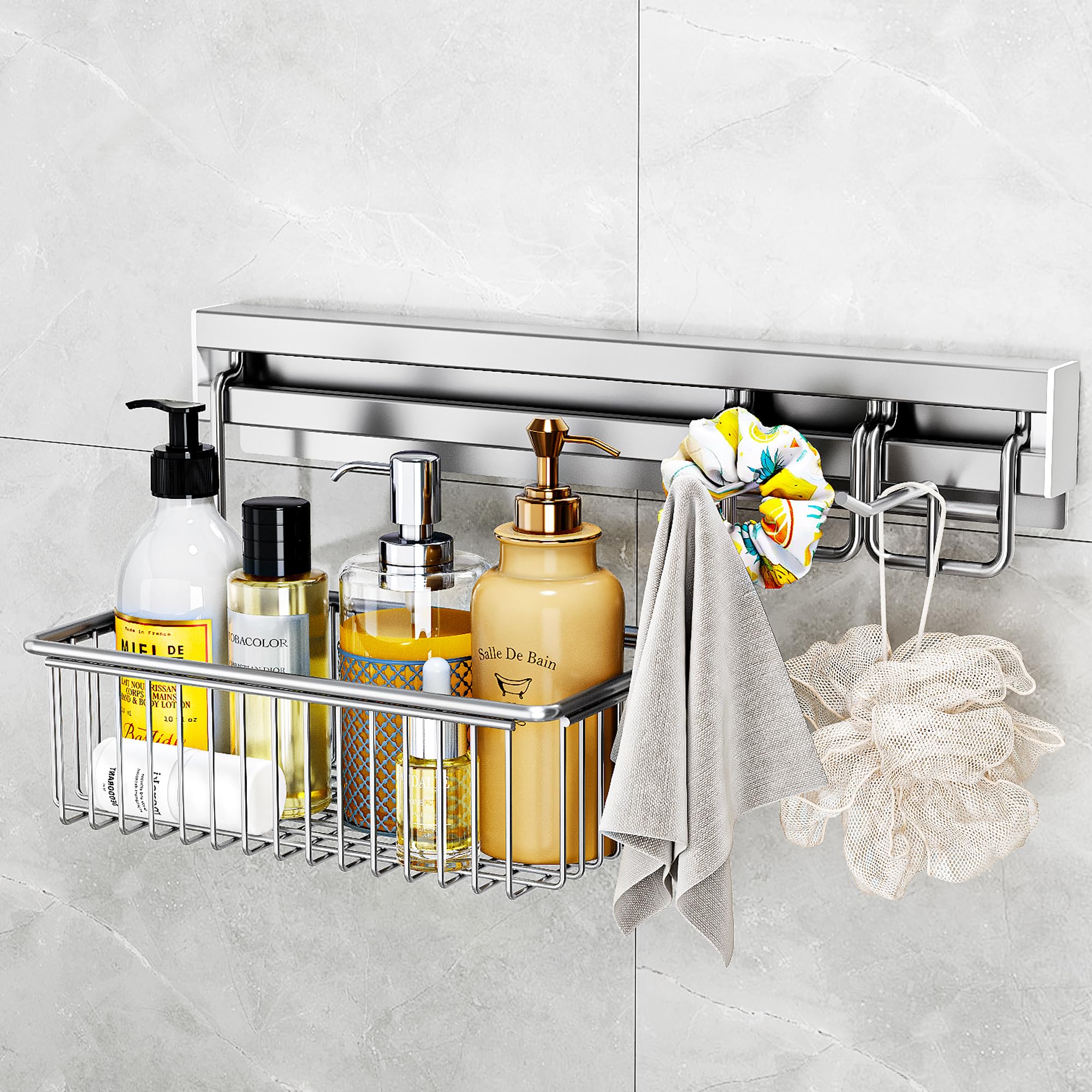 MINGLING Shower Caddy Hanging with Wall Back Crossbar Rustproof 304 Stainless Steel Shower Organizer Adhesive Bathroom Wall Storage