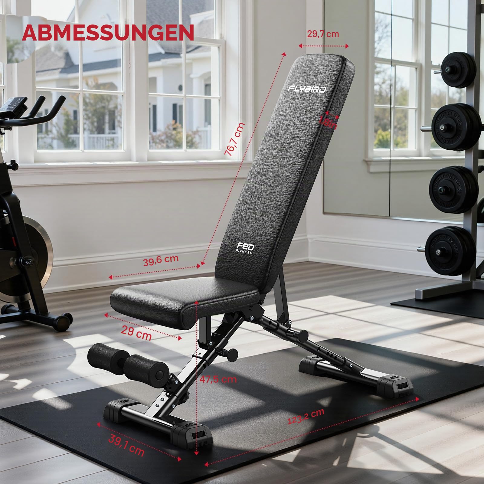 FLYBIRD Multifunktionale Hantelbank, verstellbare Profi-Trainingsbank mit 363 kg Traglast für Heimfitness, Schnellverstellung, platzsparend klappbar, 80% vormontiert